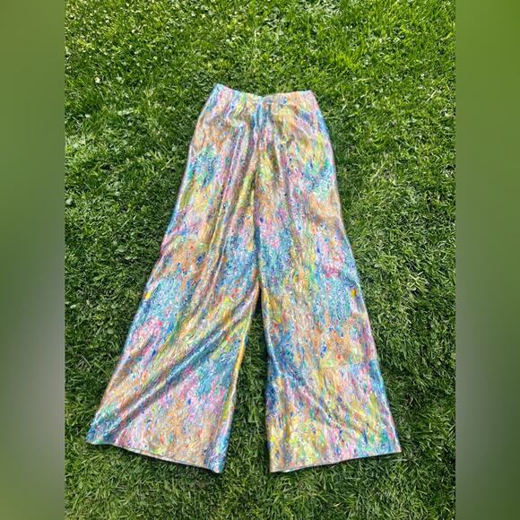 70s Vintage Wide Leg Nylon Pants in Rainbow Oil Slick Fabric - Picture 2 of 8